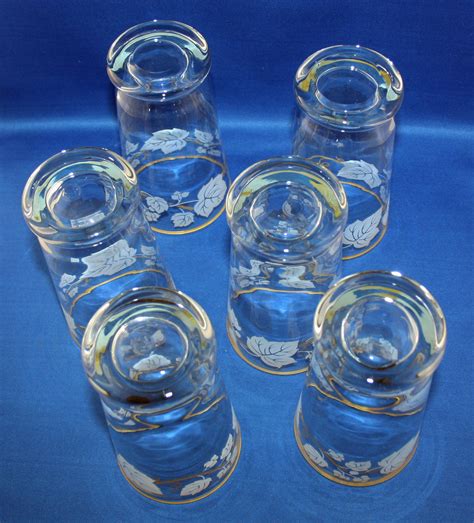 Vintage Libbey Ivy Bower Juice Glass set of 6 glasses Signed 1948's 12 Oz Gold Rim Tumbler Grape ...