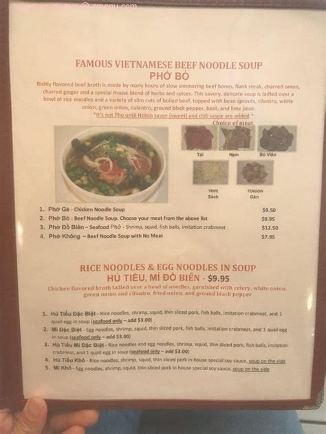 Menu at Bowl of Pho restaurant, Mishawaka