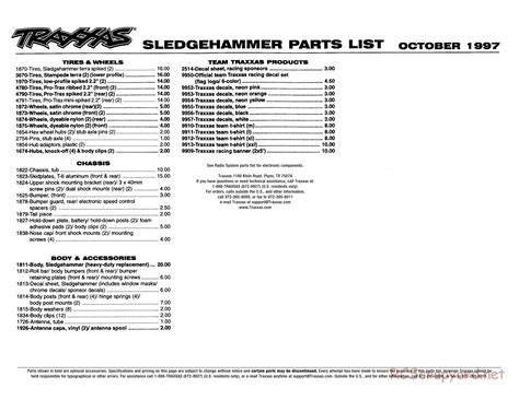 Traxxas - Parts List - Sledgehammer - 1802 / 1806 • RCScrapyard - Radio Controlled Model Archive