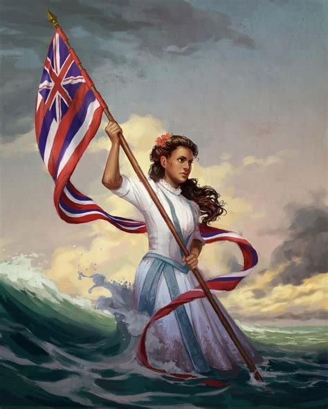 a painting of a woman holding a flag on top of a boat in the ocean