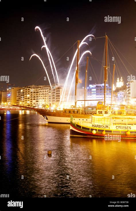 Nightlife with fireworks in Sliema harbour, Malta Stock Photo - Alamy