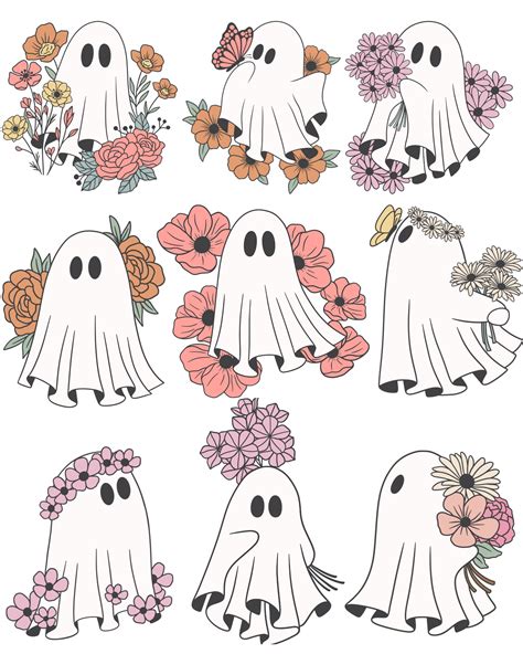 Cute Flower Ghosts Bundle PNG ONLY Digital Download, Cricut Silhouette Designs Spooky Girly ...