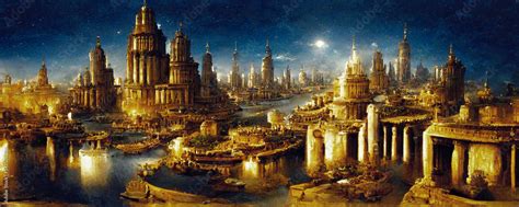 Magical golden city of Atlantis with architectural building and rivers ...