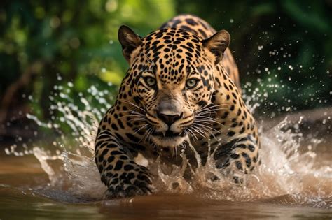 Premium Photo | A jaguar is running through the water.