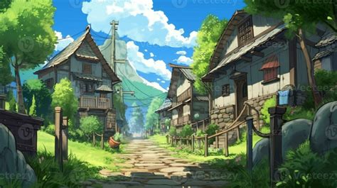 anime scenery of a village with a stone path and a stone path ...