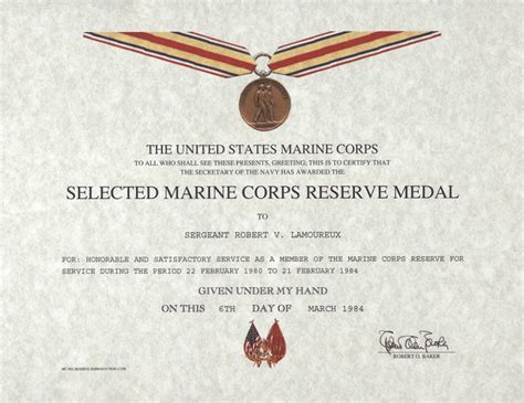 Select Marine Corps Reserve Medal Certificate