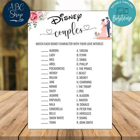 Disney Couples Bridal Shower Games Instant Download | Createpartylabels