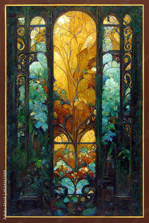 art nouveau stained glass window Stock Illustration | Adobe Stock