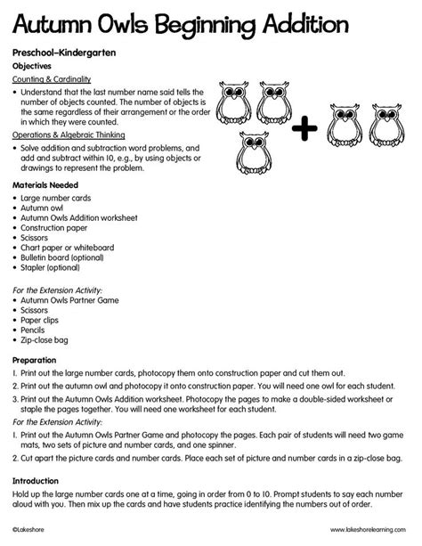 Autumn Owls Beginning Addition #lessonplan #math | Kindergarten math lesson plans, Kindergarten ...