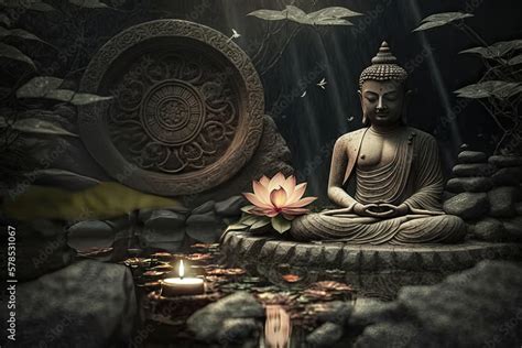 Zen garden with gold buddha statue and lotus flower, generative AI ...