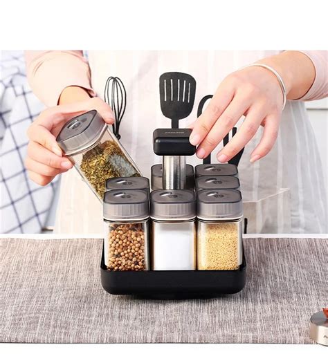 9Pcs Rotating Spice Rack Glass Jar Spices Container - ido.lk