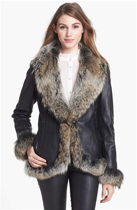 Chosen Furs Genuine Coyote Fur Trim Leather Coat | Nordstrom