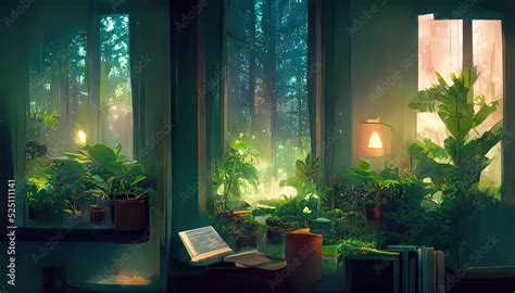 Lofi empty interior. Messy desk, window view of a forest, jungle. Anime, manga style. Colorful ...