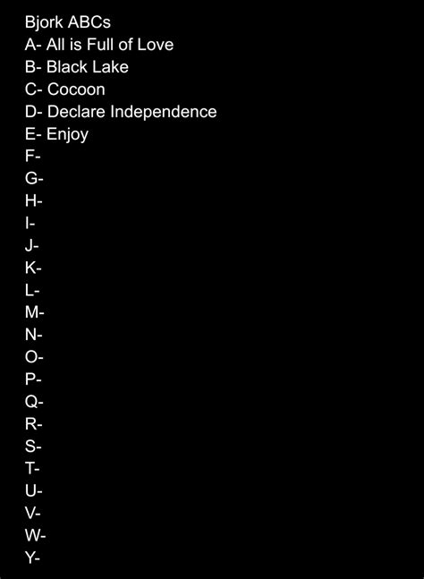 Enjoy wins day 5! Favorite bjork song for every letter of the alphabet. Comment with the most ...