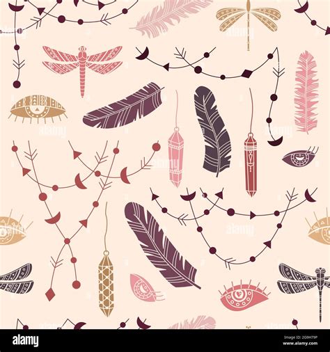 Vector seamless pattern with boho illustrations. Bohemian background in ...