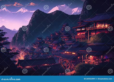 Lovely anime cityscape stock illustration. Illustration of moon - 269554991