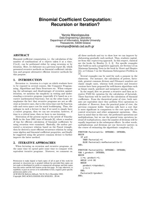 (PDF) Binomial Coefficient Computation: Recursion or Iteration