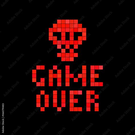 Game over. Red pixel skull on black screen. Pixel art background. Retro video games icon. Stock ...