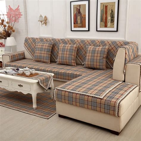 British brown plaid sofa cover cotton linen lace decor sectional slipcovers canape furniture ...