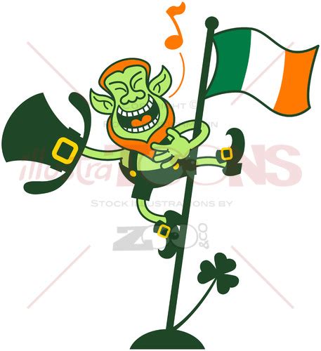 Irish Leprechaun Singing on a Flag Pole - illustratoons