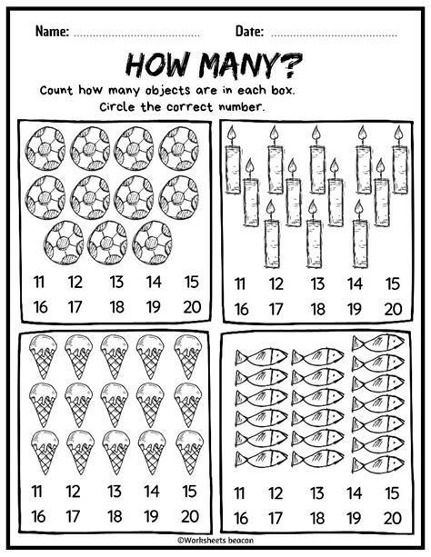 How Many? Count and circle the correct number (B&W) Numbers 11-20