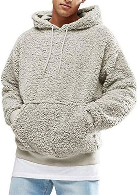 Mens Hoodie Sherpa Fleece Sweatshirts Fuzzy Long Sleeve Fall Outwear Winter Hooded with Kangaroo ...