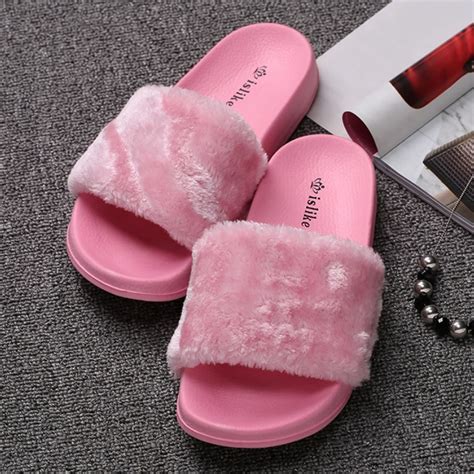 brand designer women fur slides winter warm fur shoes woman pink fur slippers house slide fur ...