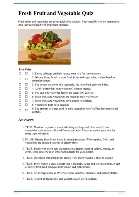 Text - Fresh Fruit and Vegetable Quiz - HealthClips Online