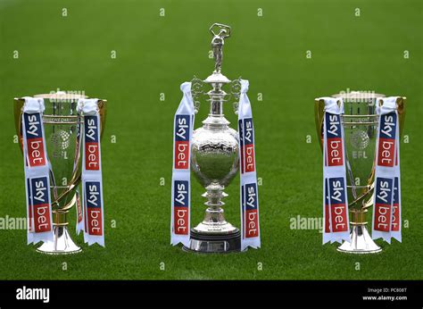 A view of the Sky Bet Championship, League One and League Two trophies ...