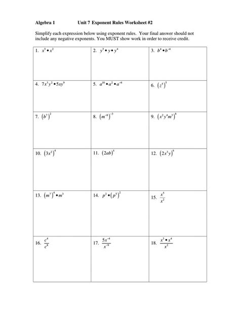 Exponent Rules Worksheet Free