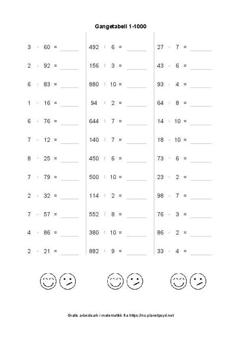 Gangetabell 1 til 1000 oppgaver med gange og deling - Planetpsyd