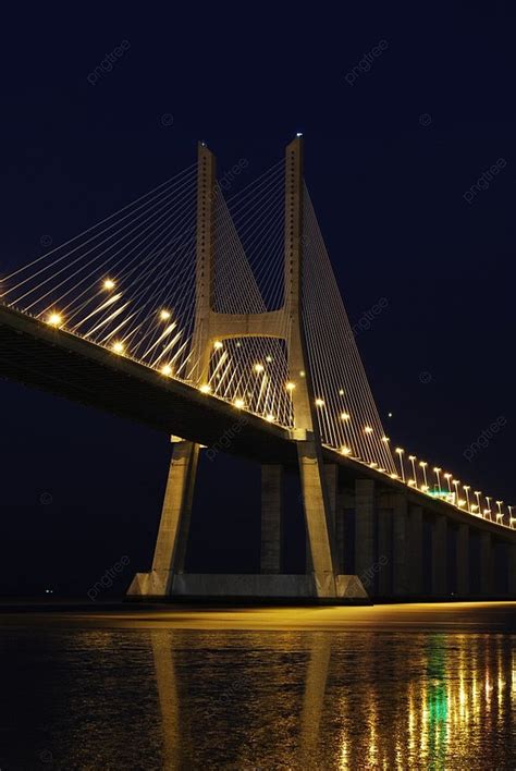 Night Shoot Of Vasco Da Gama Bridge In Lisbon Photo Background And ...