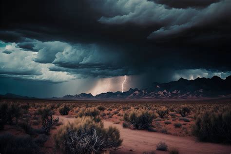 A desert landscape with a storm in the background