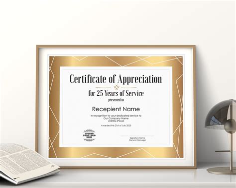 25 Years of Service EDITABLE Certificate of Appreciation Template, Printable Corporate Employee ...