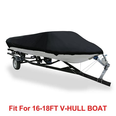 V-Hull 210-Denier Waterproof Boat Cover for 16'-18' Trailerable Fishing Ski Boats Runabout ...