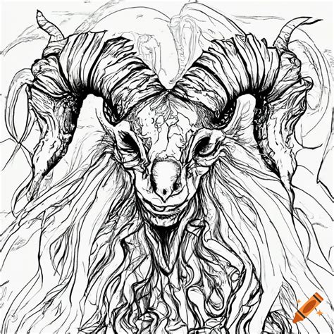 Line drawing of a creepy four-horned goat