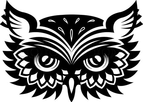 Black and white wise old horned owl head with big eyes and feather for ...