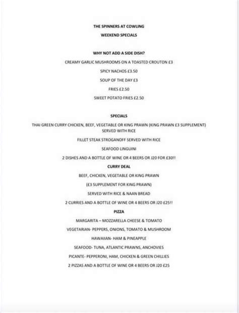 Menu at Spinners Arms pub & bar, Chorley, Cowling Rd