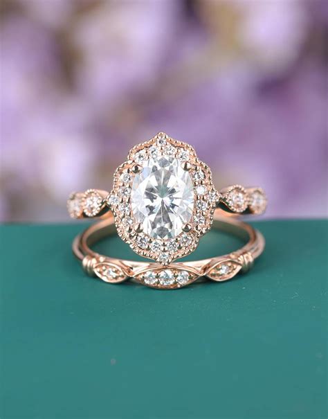 Vintage Engagement Ring Rose Gold Antique Art Deco Moissanite Oval Milgrain Set Diamond Wedding ...