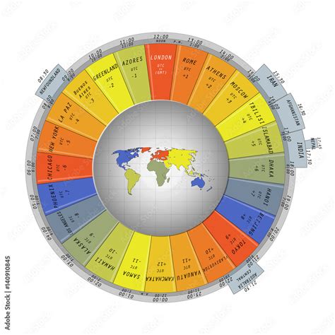 World map surrounded with colorful time zone tabs containing belonging cities or countries ...