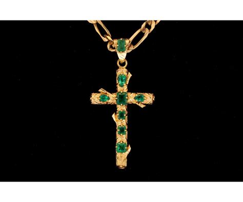 PENDANT: Men's 18ky branch motif emerald cross pendant; 5 emerald cut ...