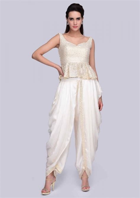 Cream satin dhoti pant with matching peplum top and long net jacket ...