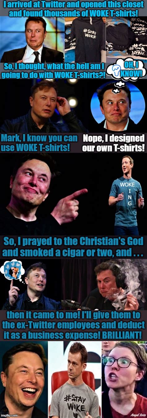 elon musk finds woke t-shirts, elon pondering gets idea, elon points to ...