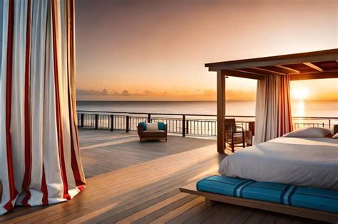 Premium Photo | A hotel room with a view of the ocean and a beautiful sunset.