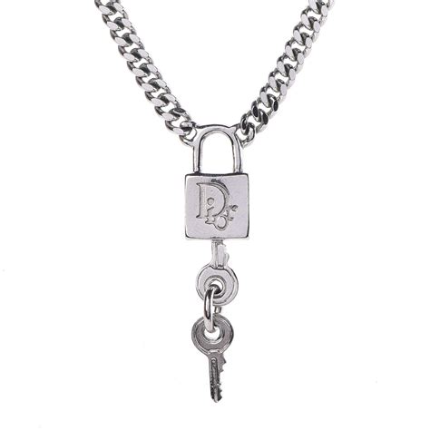 CHRISTIAN DIOR Metal Lock and Key Necklace Silver 369868