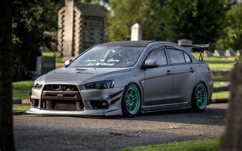 Download wallpapers 4k, Mitsubishi Lancer Evolution X, street, stance, matte gray Lancer, tuning ...