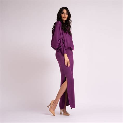 Deep Purple Dress With Draped Neckline And Flared Sleeve | BLUZAT | Wolf & Badger