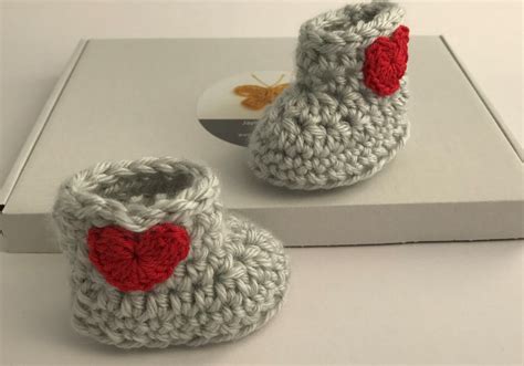 Red Heart Crochet Baby Booties. Valentines Baby Gift. Grey | Etsy UK