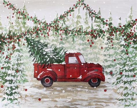 Red Truck with Christmas Tree at a Tree Farm