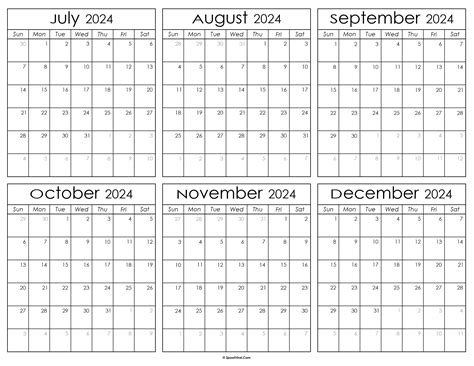 July to December 2024 Calendar Templates
